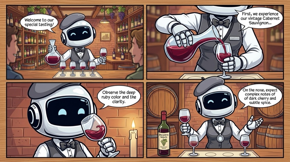 Decantrix leading a wine tasting — comic strip showing her expertise, from pouring to nosing to tasting notes