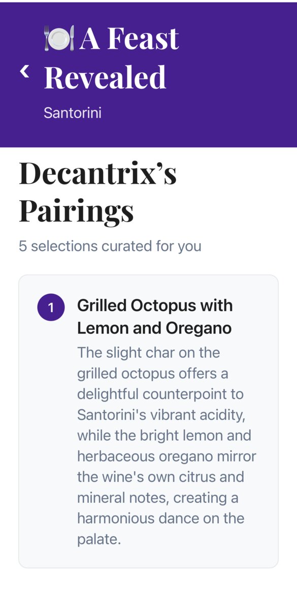 A Feast Revealed results showing food pairing recommendations for a Santorini wine