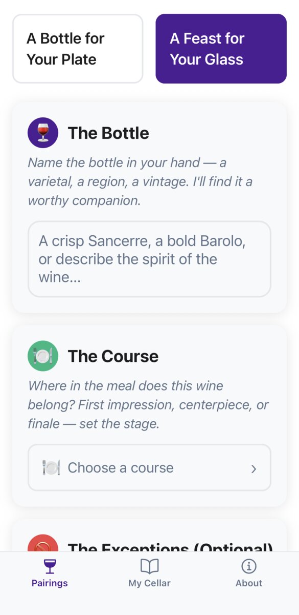 A Feast for Your Glass mode showing wine name input and course picker for bottle-first pairing