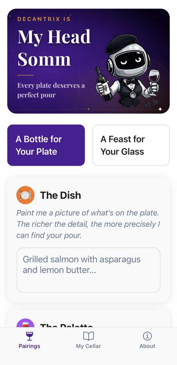 My Head Somm home screen showing the meal pairing mode with Decantrix banner, meal description input, and tab navigation