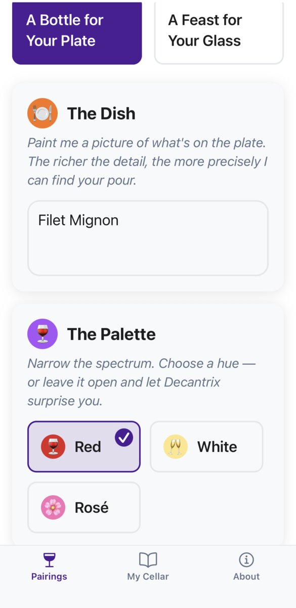 Setting wine palette preferences with red, white, and rosé color selection options