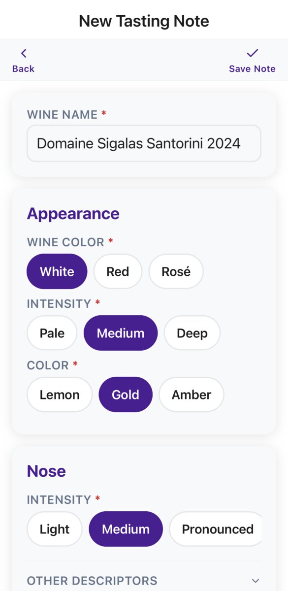 New Tasting Note form showing wine name, appearance section with color and intensity, and nose section