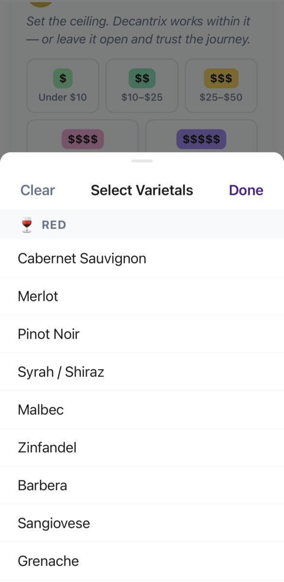 Varietal picker showing red wine grape options including Cabernet Sauvignon, Merlot, Pinot Noir, and more