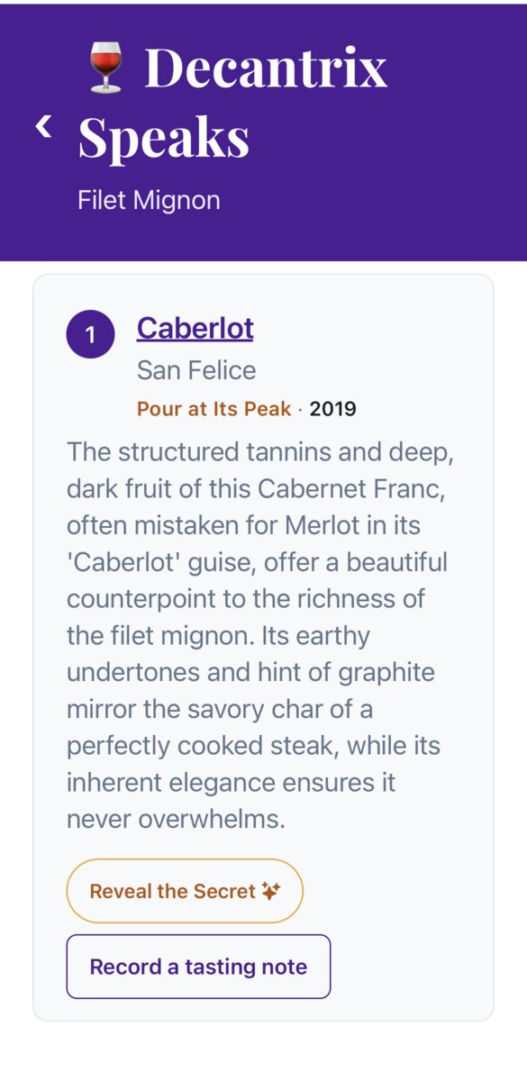 Decantrix Speaks results screen showing a Caberlot recommendation for Filet Mignon with detailed pairing notes
