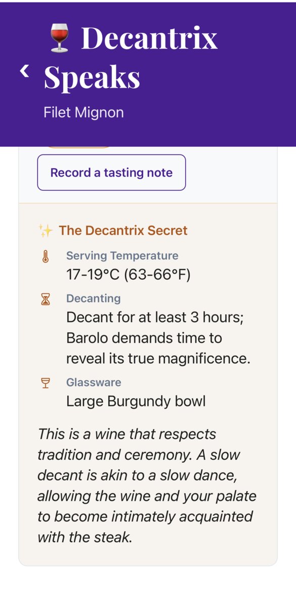 The Decantrix Secret showing serving temperature, decanting guidance, and glassware recommendation
